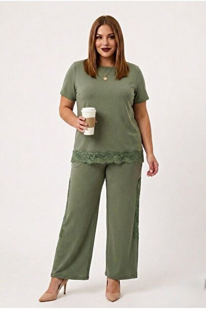 Koza Butik Women's Plus Size Short Sleeve Lace Guipure Detailed Tracksuit Set...
