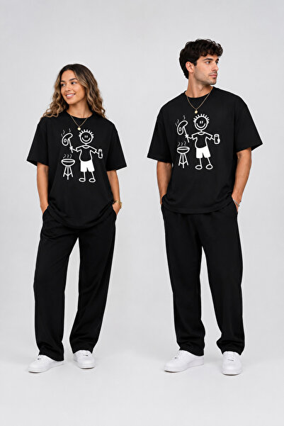 Luliana Unisex Black Oversize Barbecue Themed Trash Man Printed Crew Neck T-S...