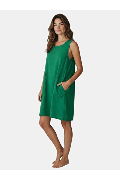 MODA Women's Crew Neck Muslim Linen Above Knee Dress with Pocket Detail