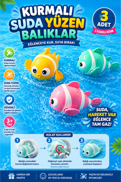 ZFN Kurmalı Yüzen Balık Su Küvet Oyuncağı Bebek Banyo Eğlencesi 3 Adet