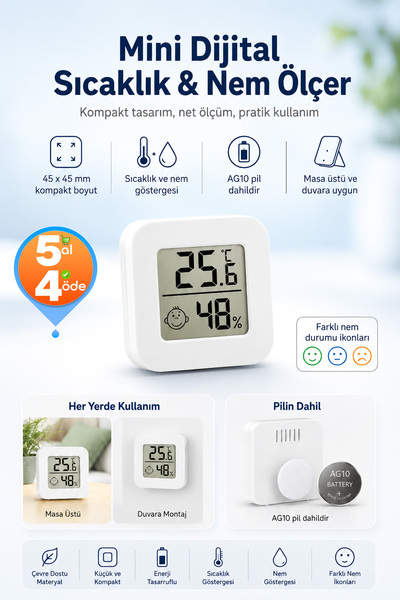 Telvesse Mini Sıcaklık Nem Ölçer LCD Ekranlı Oda Termometre Duvara Takılabile...
