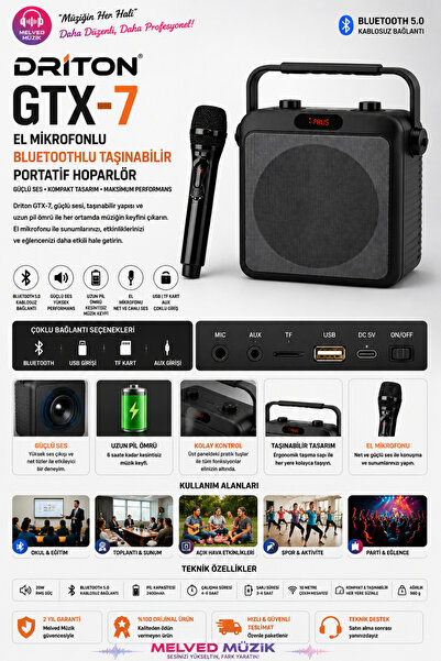 DRİTON GTX-7 EL MİKROFONLU BLUETOOTHLU SİYAH TAŞINABİLİR PORTATİF HOPARLÖR