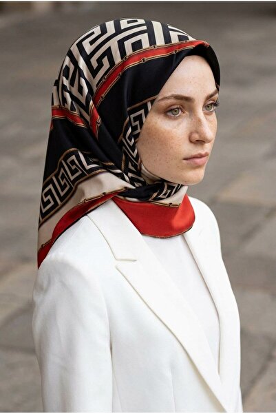 Vissona % 57 İPEK % 43 VİSKON Twill İpek Labirent Ve Geometrik Desenli Kırmız...
