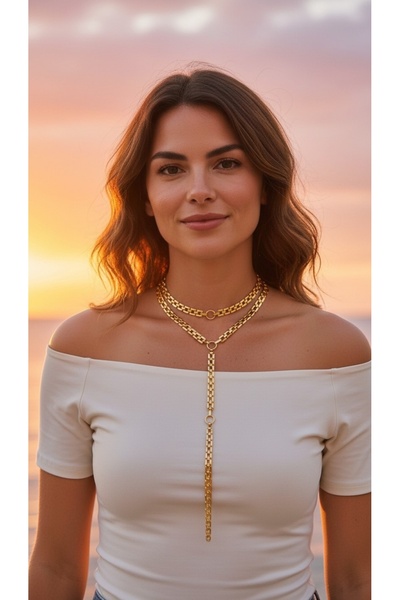 DEROSA JEWELRY&TEXTILES PASLANMAZ ÇELİK ÇİFT Y ZİNCİR KOLYE