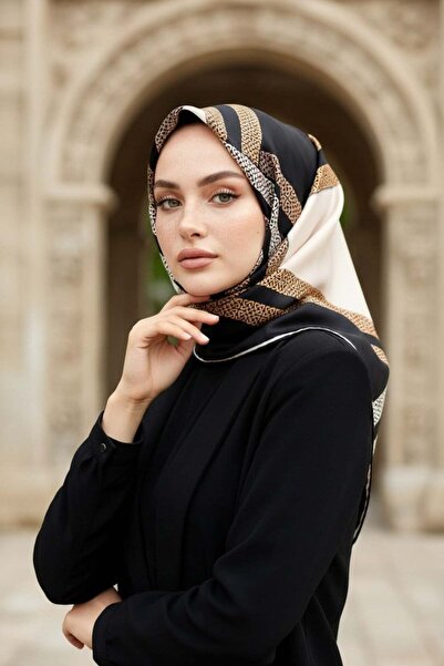 Vissona % 57 İPEK % 43 VİSKON Twill İpek Geometrik Desenli Siyah - Krem Renkl...