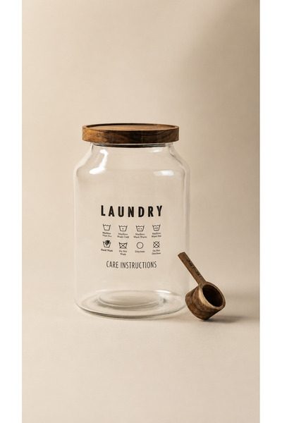 Bohemian Glass Storage Jar with Acacia Lid & Measuring Spoon Storage / Deterg...