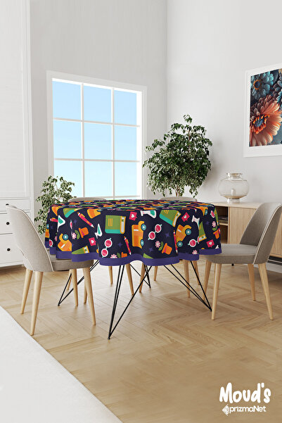 Moud's Navy Blue Notebook Pen Patterned Round Suede Dartless Tablecloth