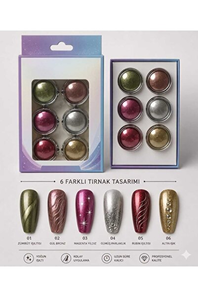 QNAİL PROFESSİONAL Krom Tozu Seti 6’lı - Ayna Efektli Nail Art Tasarım Seti