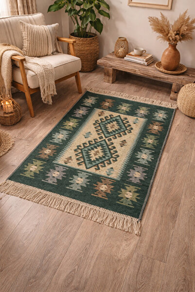 OEM Covor tradițional, bumbac, dimensiune 60 x 90 cm, verde și crem, model ROMB