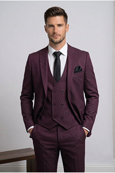 AtlasGiyim Costum pentru bărbați, culoare burgundy, cu vestă slimfit cu broderie