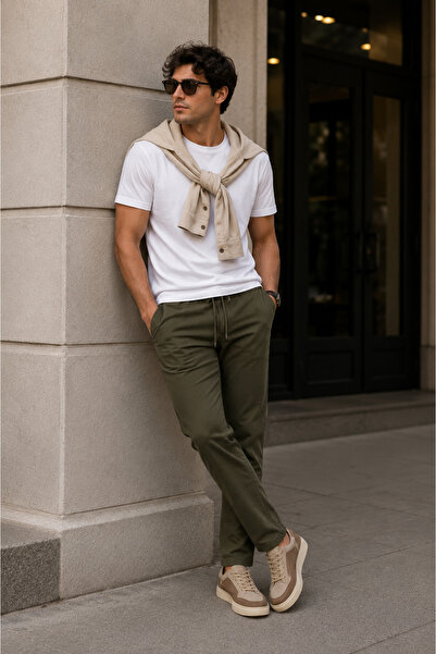 BRACCAS Men's Khaki Slim Fit Elastic Waist Lace-Up Jogger Pants