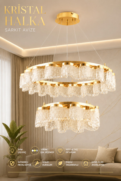 Elvora Home Modern (PREMIUM) LEDli Şelale Tasarım Gold Sarkıt Avize 3 Renk Sa...
