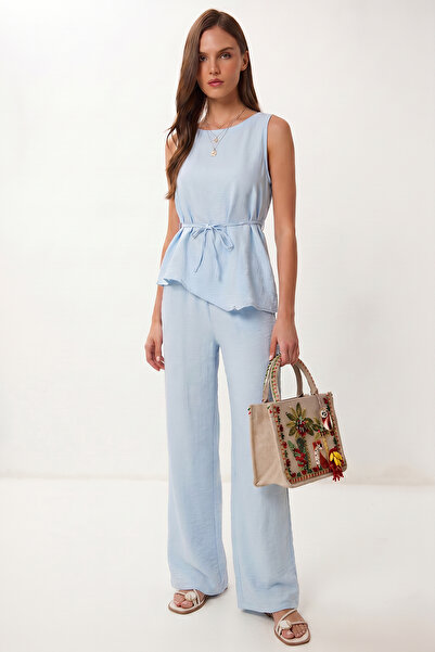 Lovelyİstanbul Asymmetrical Linen Suit with Tie Detail Lby0057 Sky Blue