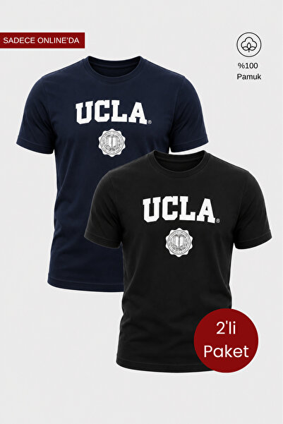 UCLA GAYLEY Set de 2 tricouri pentru bărbați, albastru închis și negru, cu de...