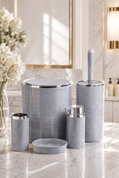 Store Hgy Home Marble Patterned and Chrome Detailed Round 5-Piece Bathroom Set