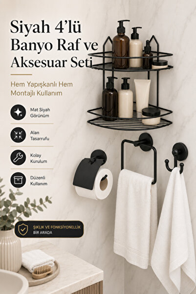 Alper Banyo Paslanmaz Siyah Aksesuar Seti,2li Banyo Köşeliği Ek02,kare Havulu...