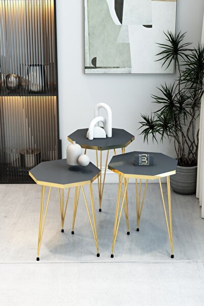 BARIN DESIGN 3'lü Sekizgen Zigon Sehpa Seti - Gold Metal Ayaklı, Modern & Şık...