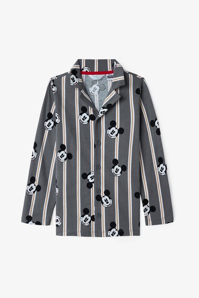 Penti Gray Boy's Mickey Fam Long Sleeve Buttoned Cotton Piece Shirt Pajama Set