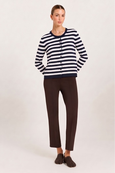 Msrlassn Ecru Navy Blue Striped Knitwear Women's Cardigan