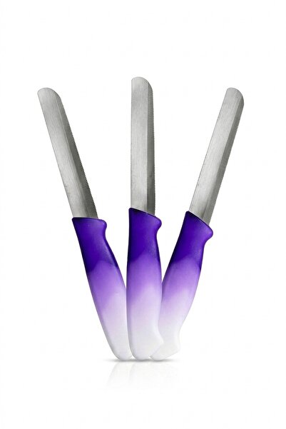 MAKRİ HOME 3'lü Tırtıklı Meyve ve Kahvaltı Bıçağı Seti Mor-Beyaz Saplı 21 cm
