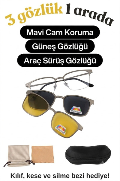 Forestia 3'lü Mıknatıslı Polarize Güneş Gözlüğü - Kaliteli Güneş Gözlüğü - Ay...