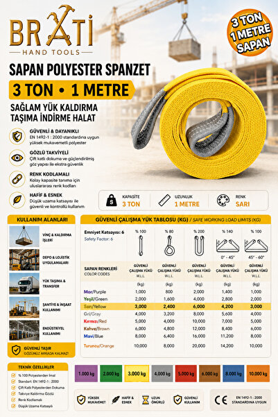 BRATİ HAND TOOLS Sapan Polyester Spanzet 3 Ton 1 Metre Sarı Sağlam Yük Kaldır...