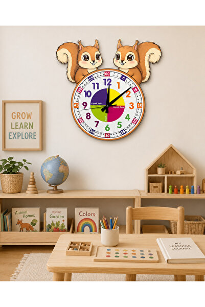 karbonsoft Sevimli Sincap Montessori Çocuk Odası Eğitici Ahşap Duvar Saati - Sessiz Mekanizma, Şık Tasarım Saat