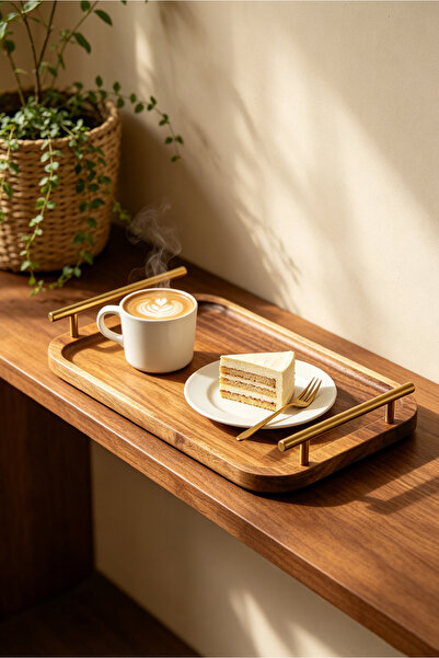 Generic Wooden Coffee Tray with Golden Handle 30X19 cm | Natural Solid Wood S...