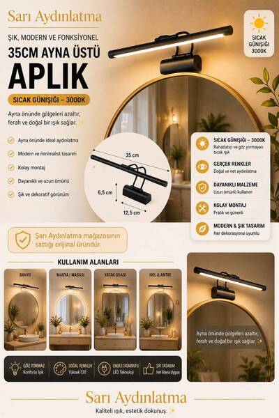 Sarı Aydınlatma 35cm Siyah Kasa LED Tablo ve Ayna Üstü Aplik Günışığı Modern ...
