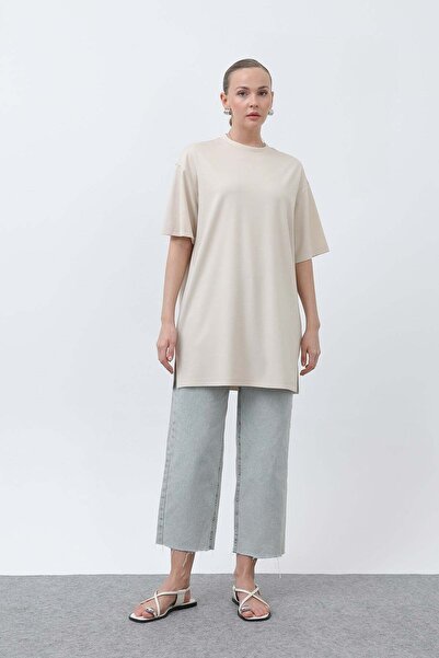 Puane Kadın Uzun Bol Kesim Tshirt - 40009TSH - BEIGE