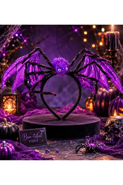 DODOMAR Halloween Cadılar Bayramı Mor Yarasa Kanatlı Örümcekli Taç 20x35,5 cm...