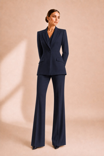 PEARL Kadın Lacivert Blazer Ceket Yelek Pantolon Takım Slim Fit Yüksek Bel İs...