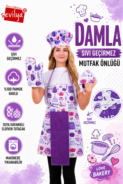 sevilya Damla Set of 5 Liquid Proof Waterproof Kitchen Apron Set (Hat, Gloves...