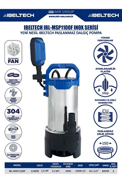İBELTECH IBL-MSP1100F 1100W 1.5HP Paslanmaz Kirli Su Dalgıç Pompa 10 Metre Ka...