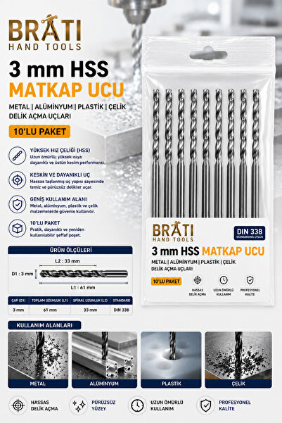 BRATİ HAND TOOLS 3 Mm Hss Matkap Ucu 10'lu Paket Metal Alüminyum Ahşap Plasti...