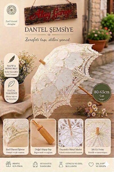 Atay Garage Şemsiye 80-65cm Ebatlarında Büyük Vintage Dantel İşlemeli Beyaz Ş...