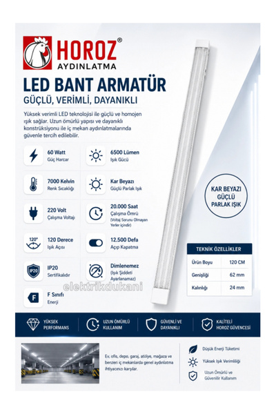 Horoz Gama-60 BEYAZ 120cm 60W Prizma Led Bant Armatür 7000k Beyaz Işık IP20
