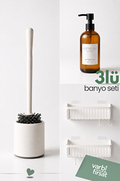 Varbifırsat Modern Banyo Seti 3'lü | Yapışkanlı Banyo Rafı, Cam Sabunluk ve Tuvalet Fırçası