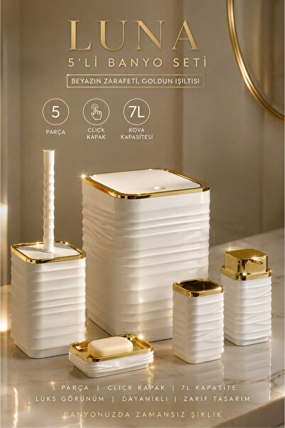 Store Set de baie HGY Home Luna Square cu detalii din aur alb, 5 piese - 7 litri