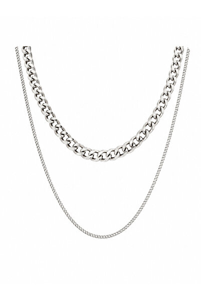 Ege via jewelry Egevia Milano Erkek Zincir Kolye Seti Gümüş Renk Çift Katmanl...