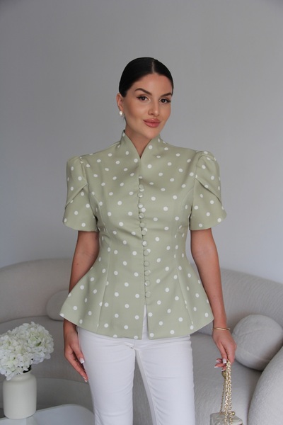 Julidress Button Detailed Padded Lined Design Premium Light Green Polka Dot B...