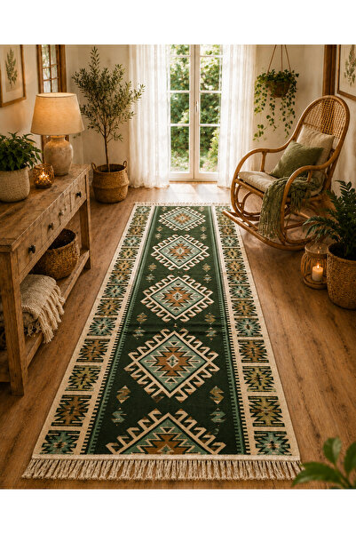 OEM Covor tradițional , față-verso, 80x200 cm, verde și crem, geometric