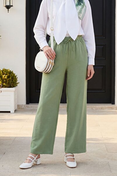 Modamorfo Elastic Waist, Lace Detail, Pocketed, Wide Leg Tencel Trousers - Green