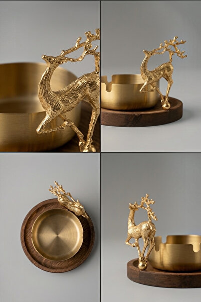 GO BLOBS Ashtray Metal Ash Tray Decorative Ashtray with Natural Wood Stand Dowry Gift - Luxury Geyik Gold
