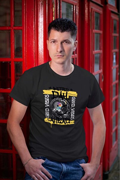 buzagi tasarım ürünleri Good Vibes Regular Fit Black T-Shirt