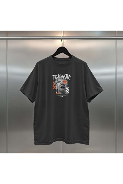 buzagi Traumatic Digital Print Black and White Oversize Unisex T-Shirt