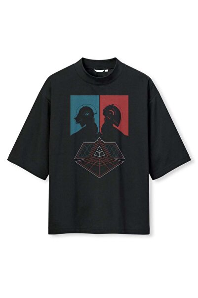 buzagi tasarım ürünleri Daft Punk Digital Print Oversize Black Unisex T-Shirt