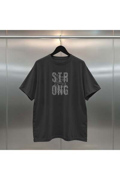 buzagi Stay Strong Oversize Digital Printed Black T-Shirt