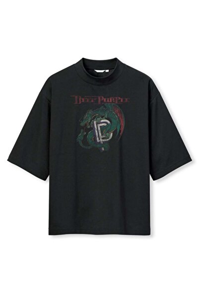 buzagi tasarım ürünleri Deep Purple Digital Print Oversize Black Unisex T-Shirt