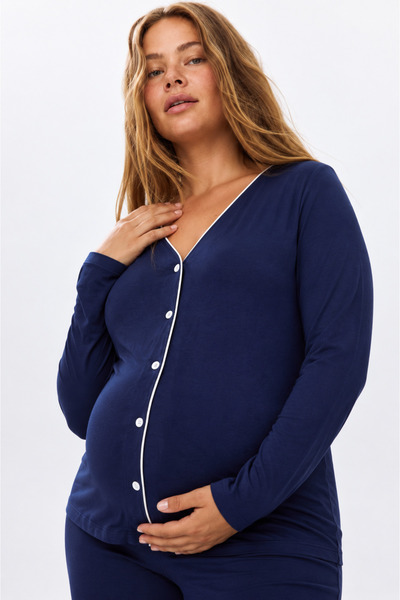 şuranur Bambu Hamile Ve Lohusa Sabahlık Gecelik Fitilli Takım Uzun kollu Düğmeli M-6XL